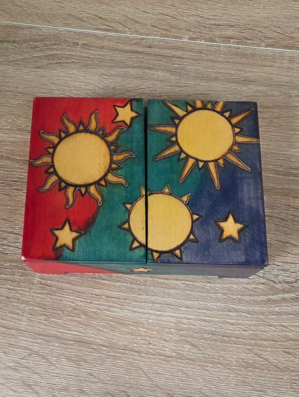 Hand-Painted Sun & Stars Wooden Trinket Box - Multicolor